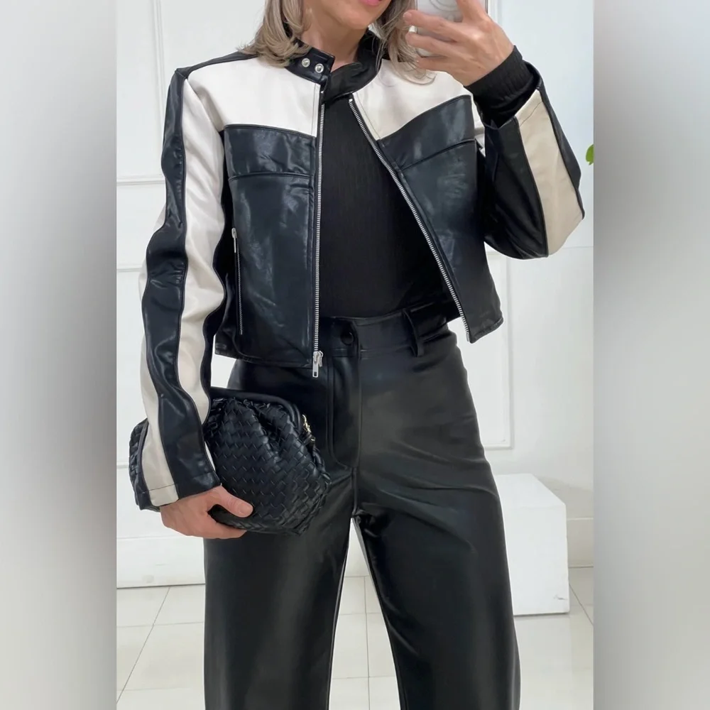 NWOT Cropped Leather Moto Jacket - Picture 1 of 5